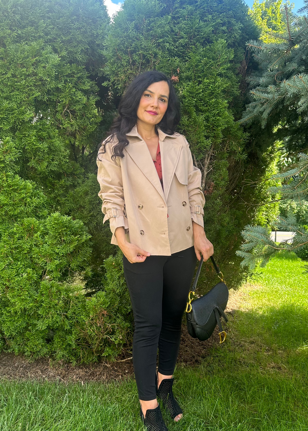 Luxuii Crop Trench Coat Lapel Double Breasted Loose Casual Jacket