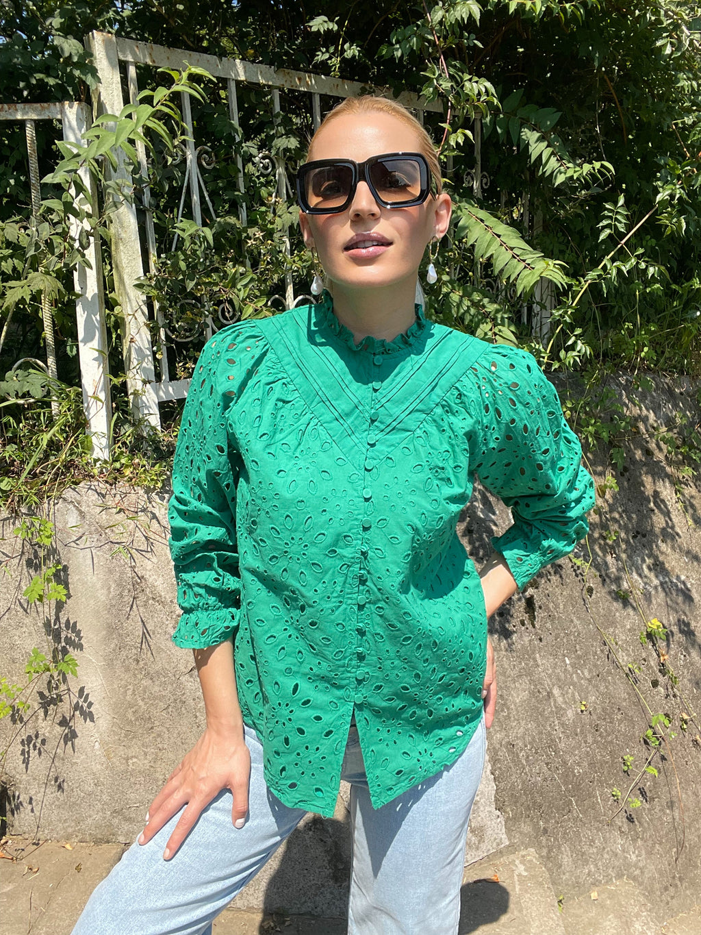 Luxuii Puff Long Sleeve Button V Neck Hollow Out Eyelet Lace Embroidered