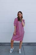 Luxuii Striped Lapel V Neck Short Sleeve Flowy A Line T Shirt Dress