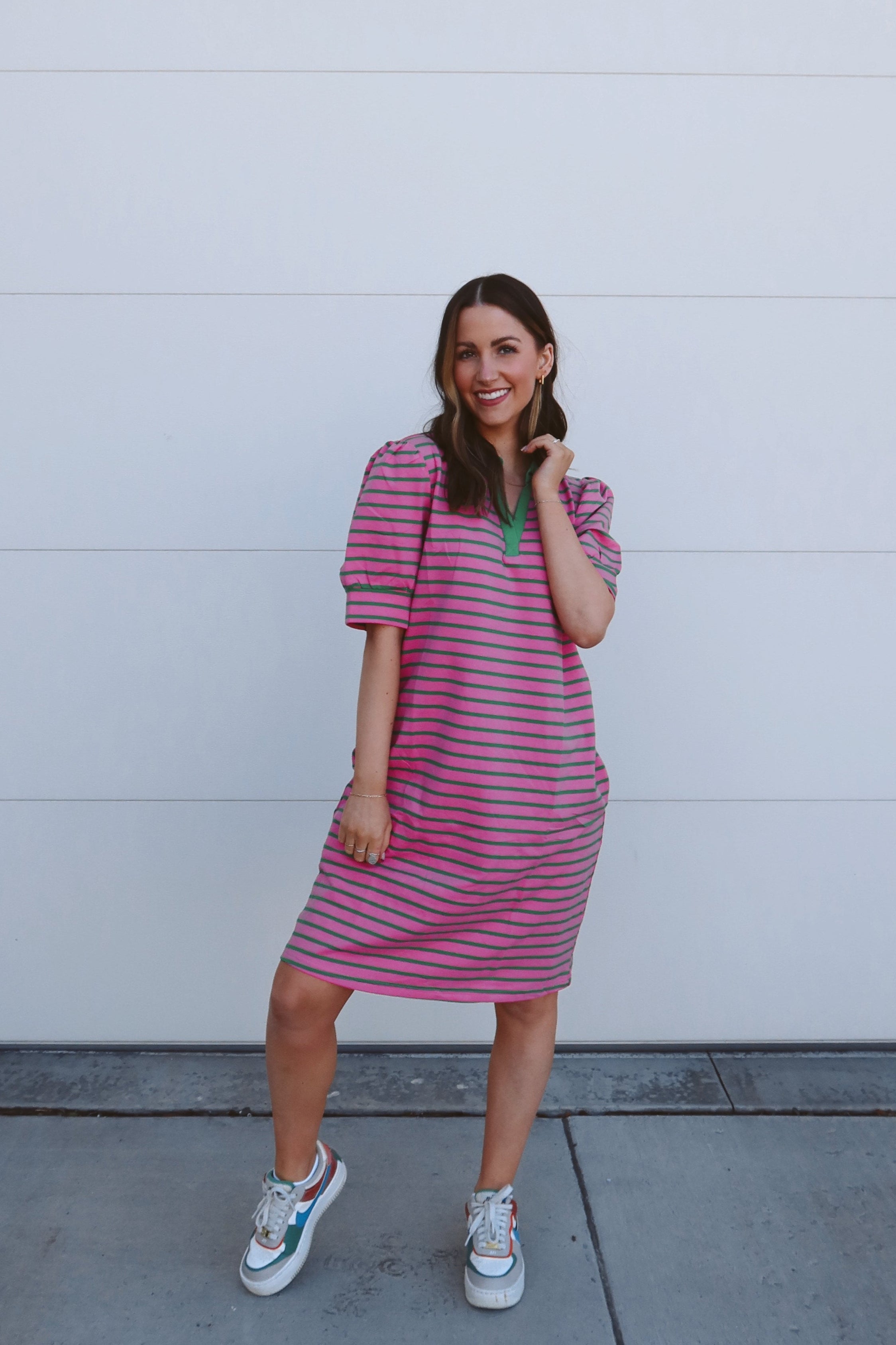 Luxuii Striped Lapel V Neck Short Sleeve Flowy A Line T Shirt Dress