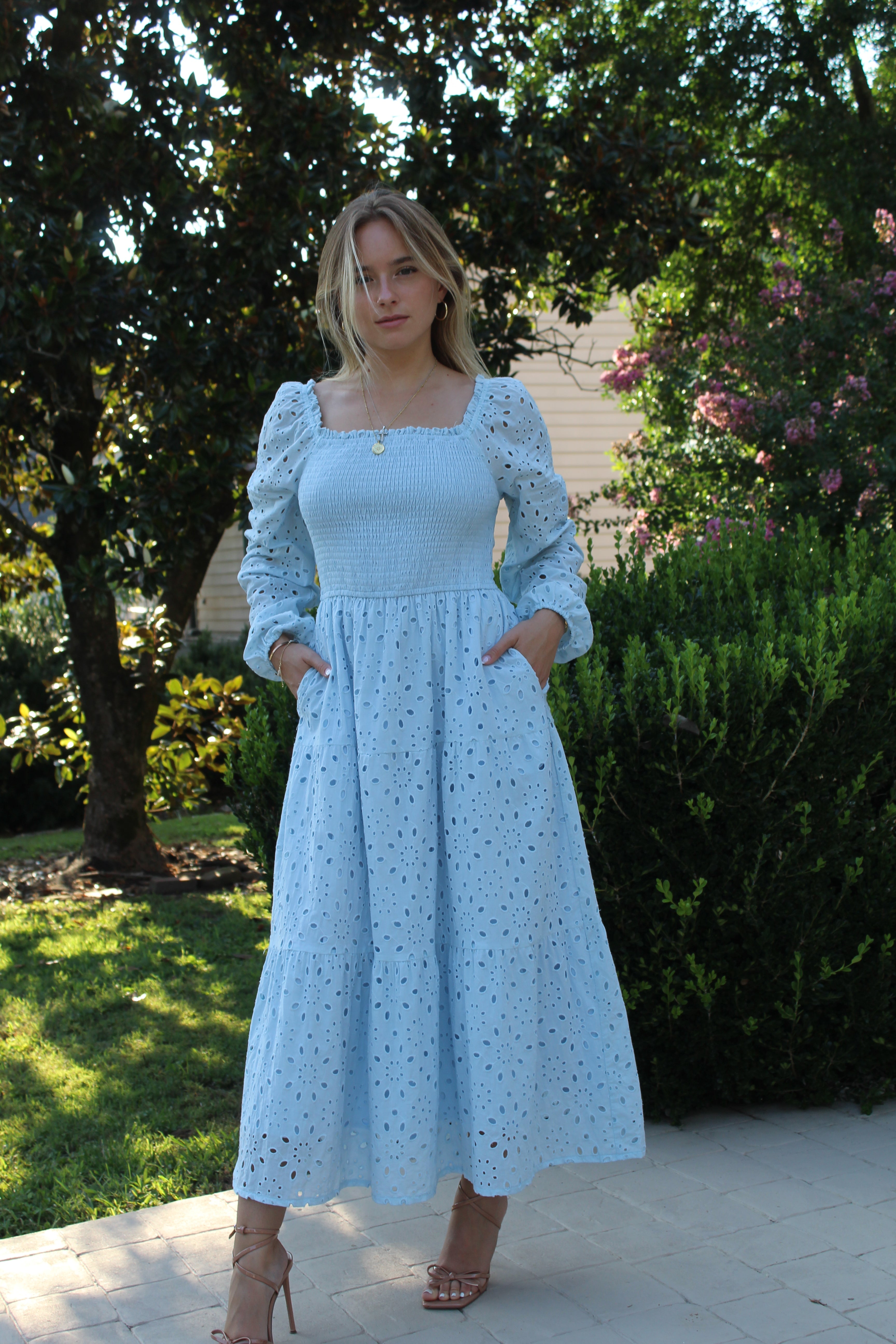Luxuii Square Neck Hollow Out Eyelet Smocked A Line Boho Dress