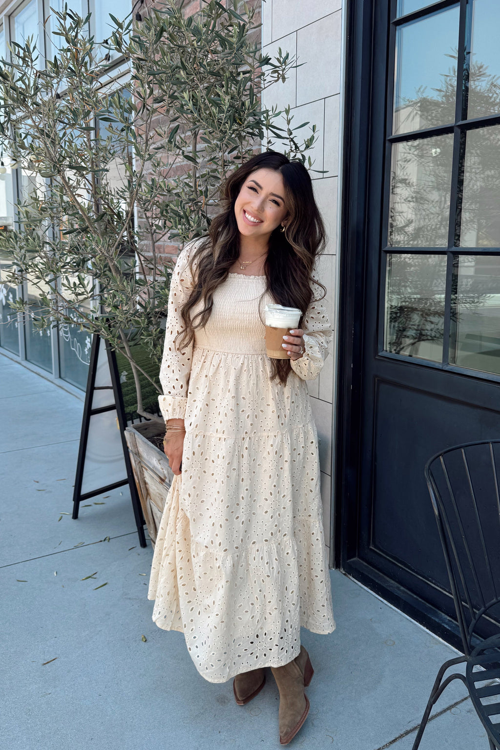 Luxuii Square Neck Hollow Out Eyelet Smocked A Line Boho Dress