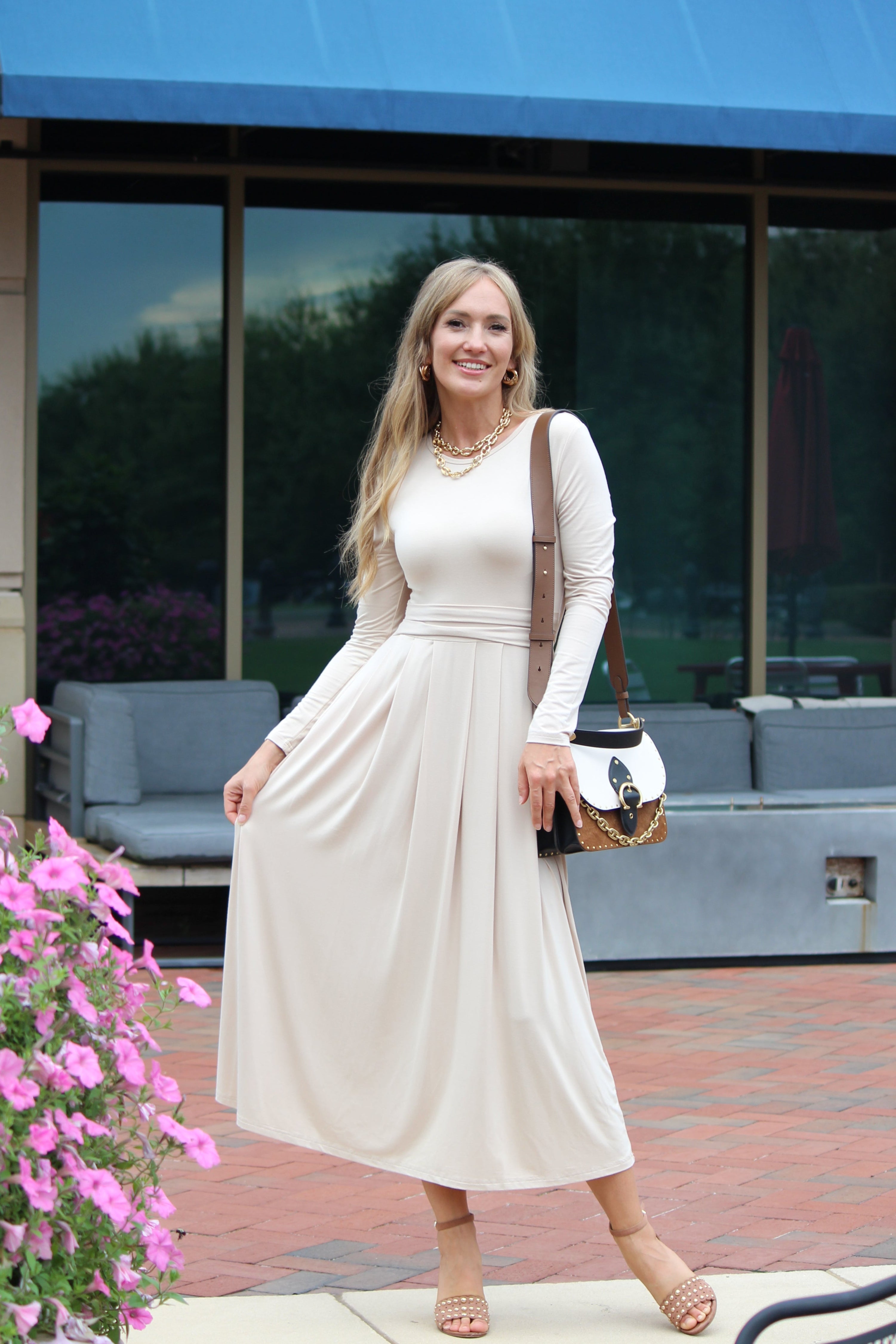 Luxuii Elegant Crewneck Knit High Wasit Pleated Flowy A Line Dresses