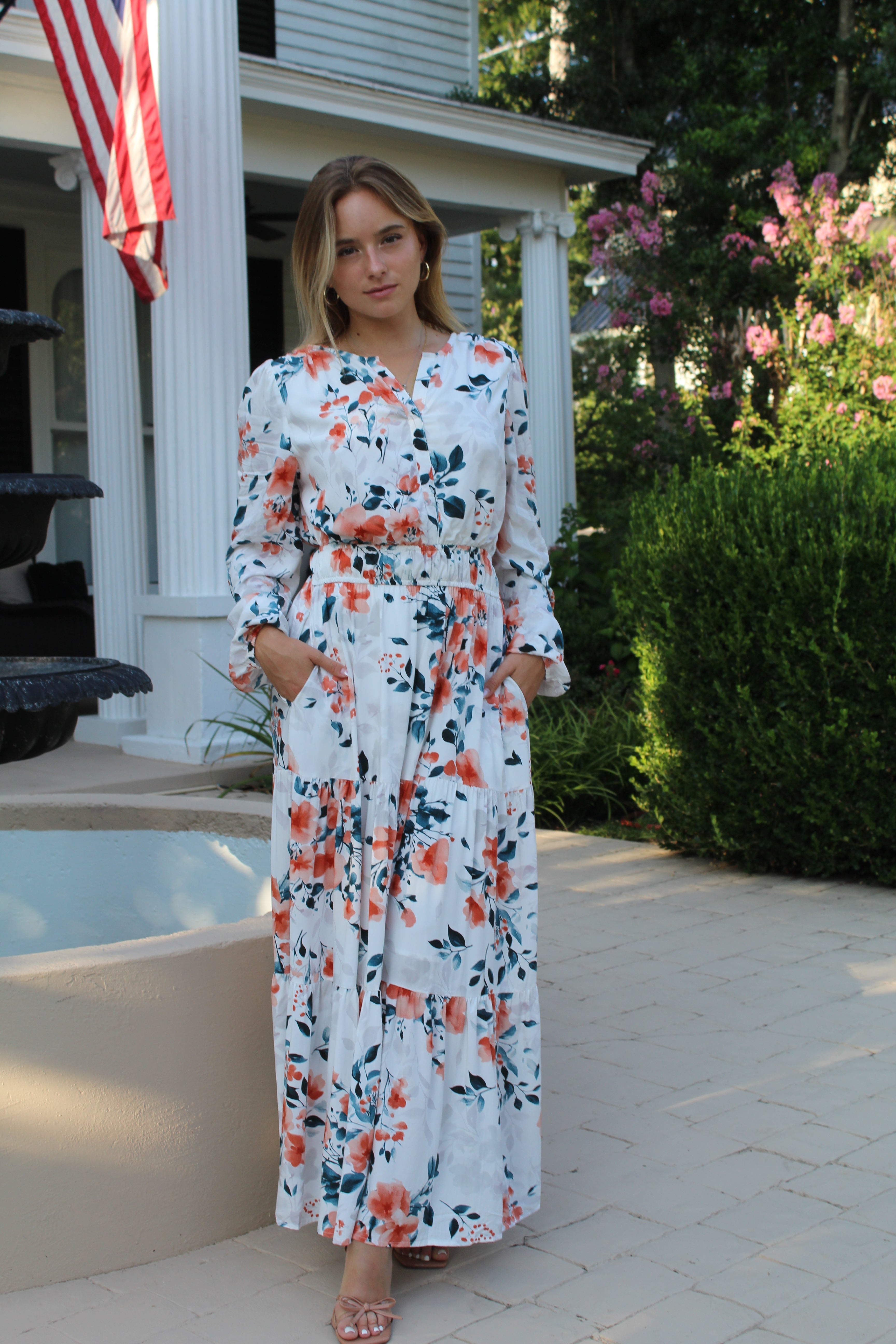 Luxuii Floral Print V Neck Empire Waist A Line Tiered Boho Dresses