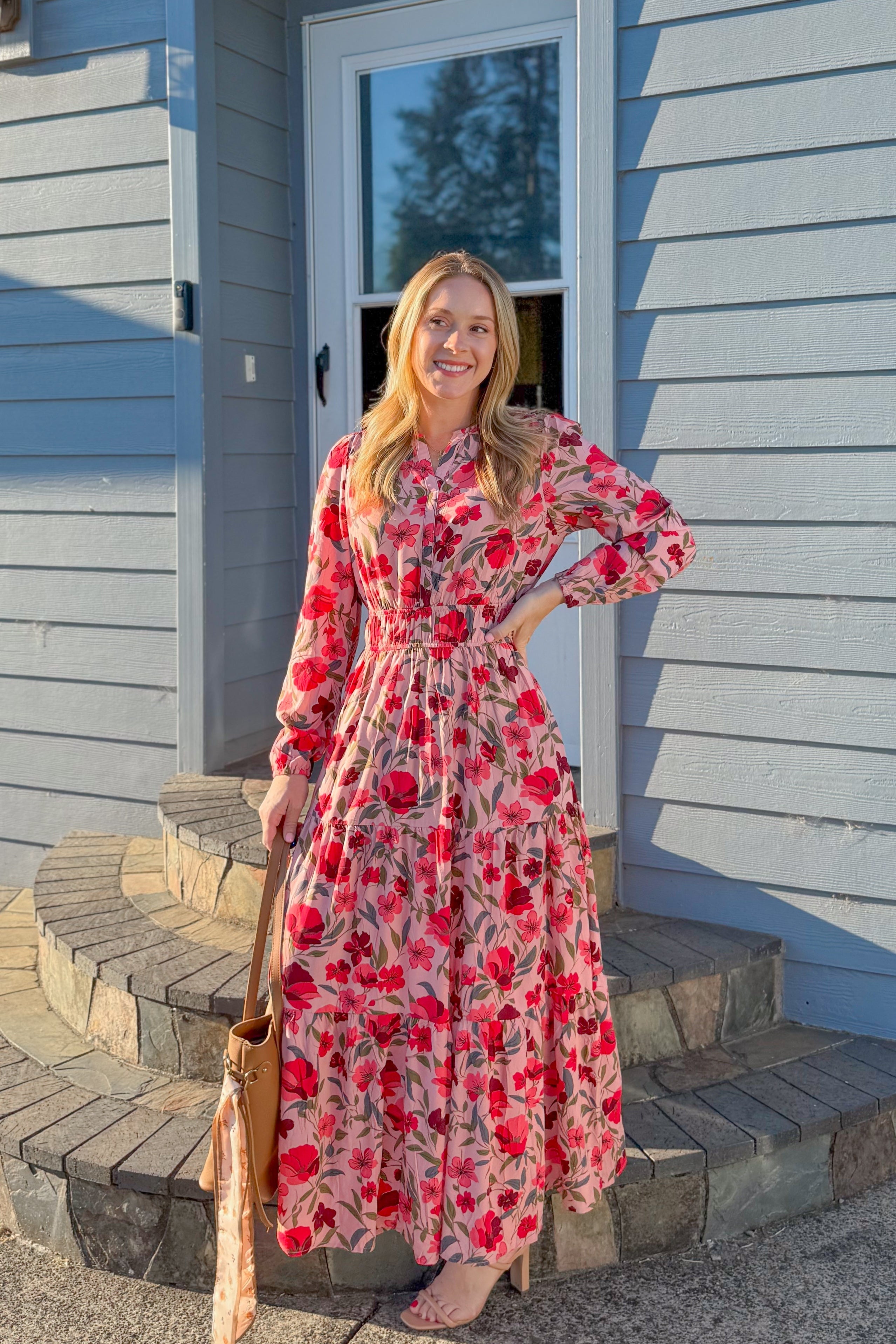 Luxuii Floral Print V Neck Empire Waist A Line Tiered Boho Dresses