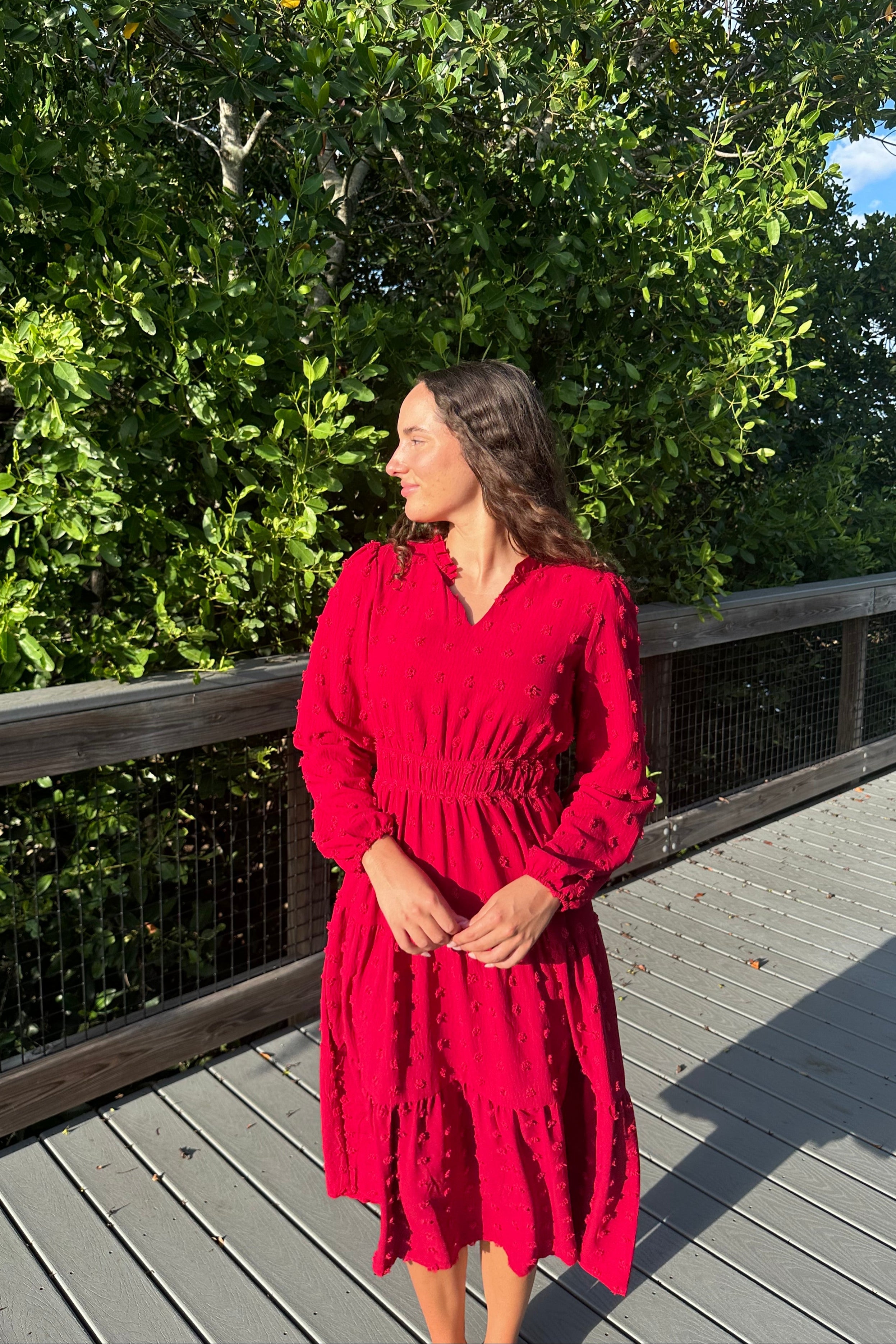 Luxuii Boho V Neck Swiss Dot Tiered Flowy Swing Dress