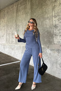 Luxuii Long Sleeve Cowl Neck Asymmetrical Top Wide Leg Pants Matching Set