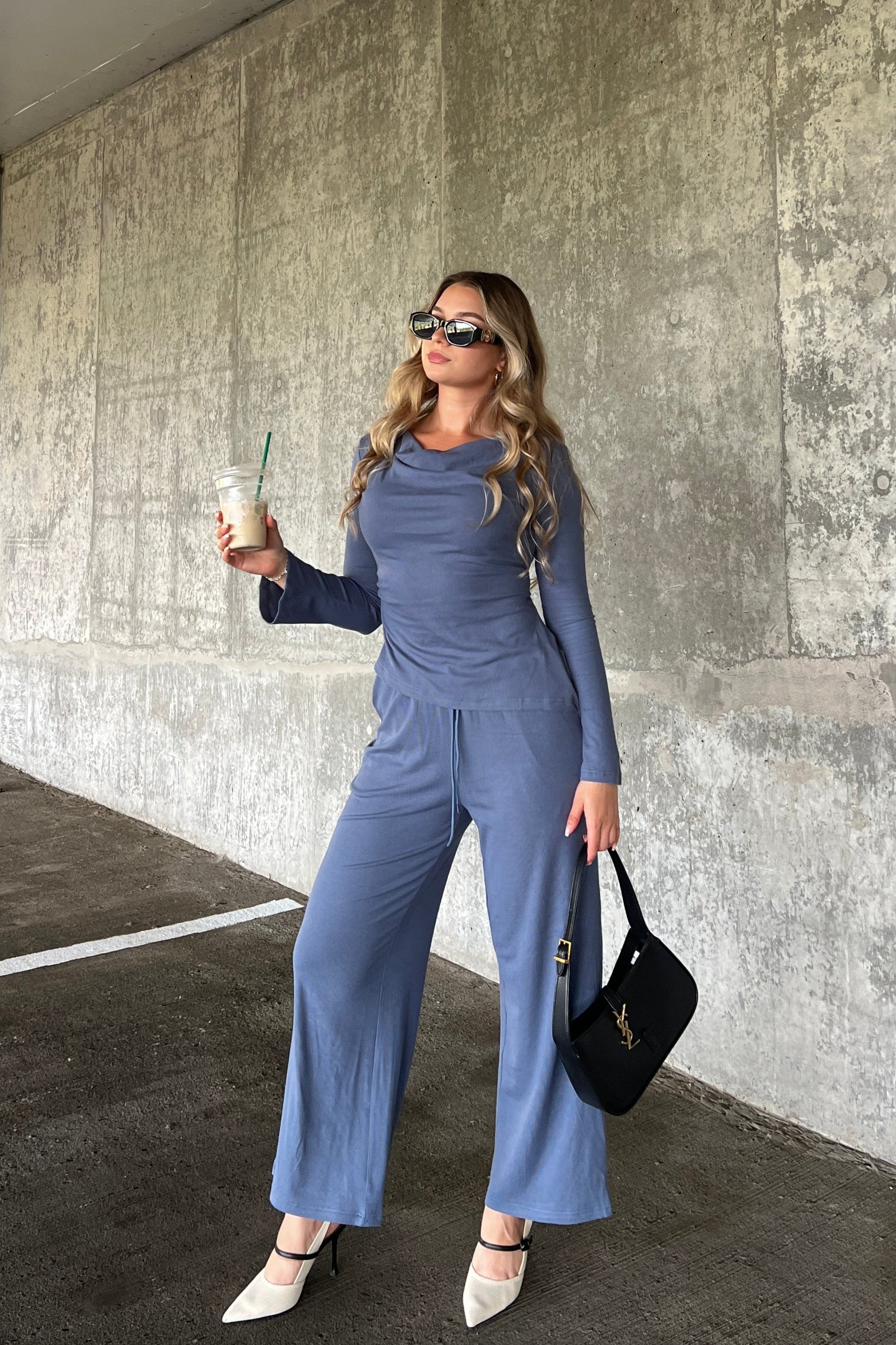 Luxuii Long Sleeve Cowl Neck Asymmetrical Top Wide Leg Pants Matching Set