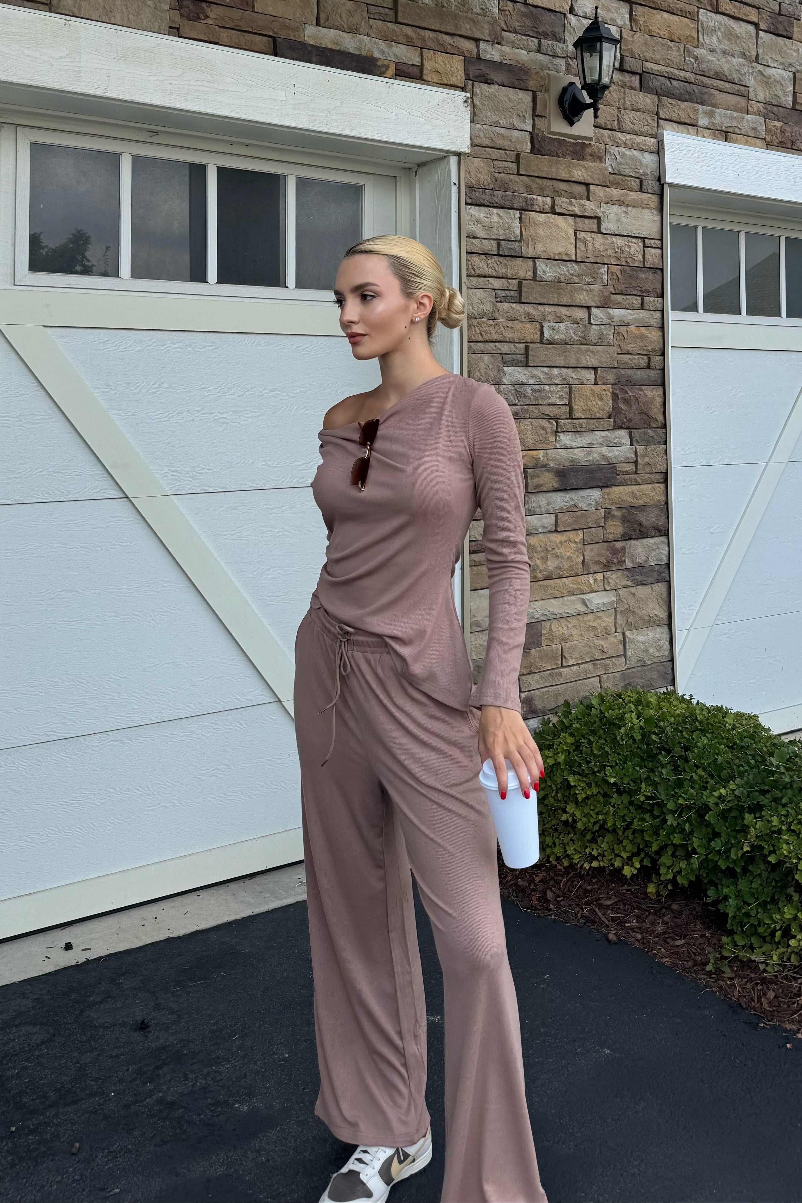 Luxuii Long Sleeve Cowl Neck Asymmetrical Top Wide Leg Pants Matching Set