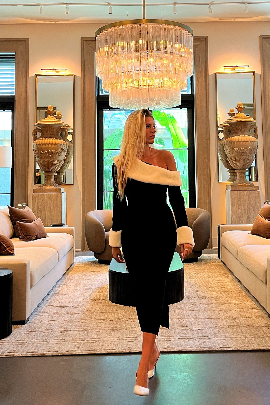 Luxuii Formal Off Shoulder Faux Fur Bodycon Side Slit Maxi Dress