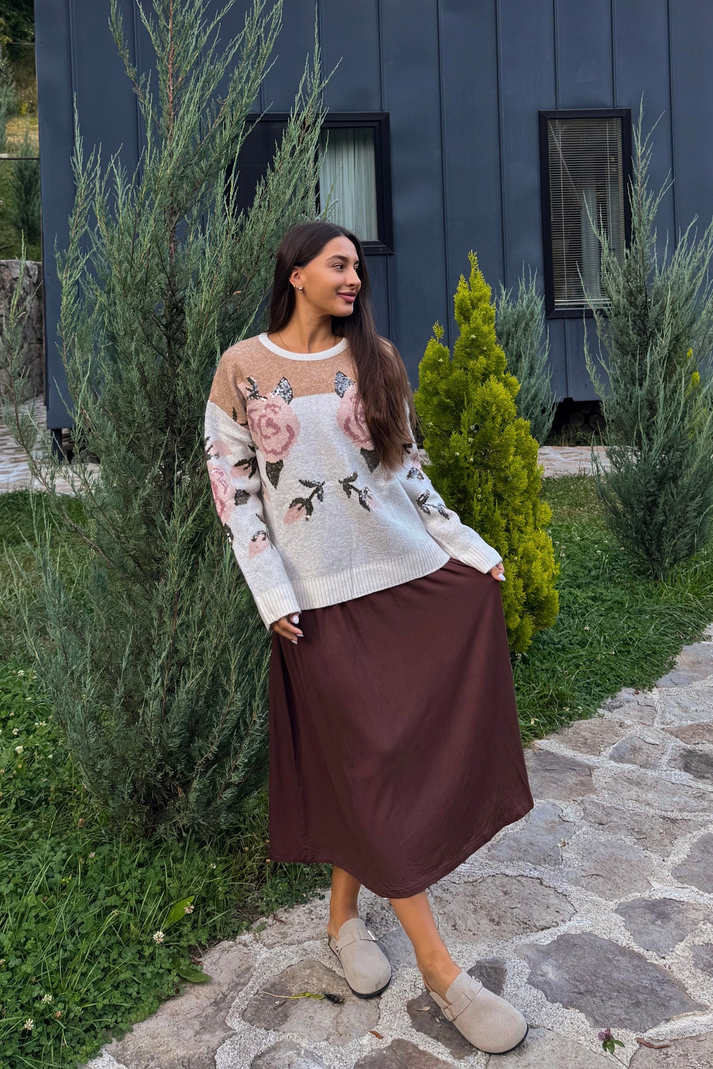Luxuii Floral Oversized Crewneck Chunky Knit Pullover Sweater Tops
