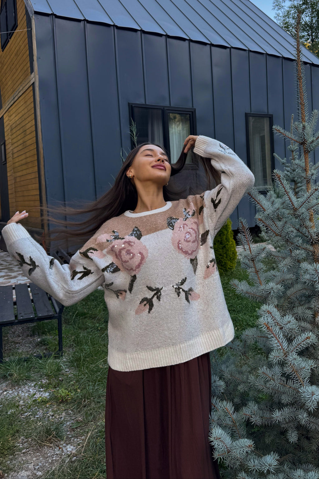 Luxuii Floral Oversized Crewneck Chunky Knit Pullover Sweater Tops