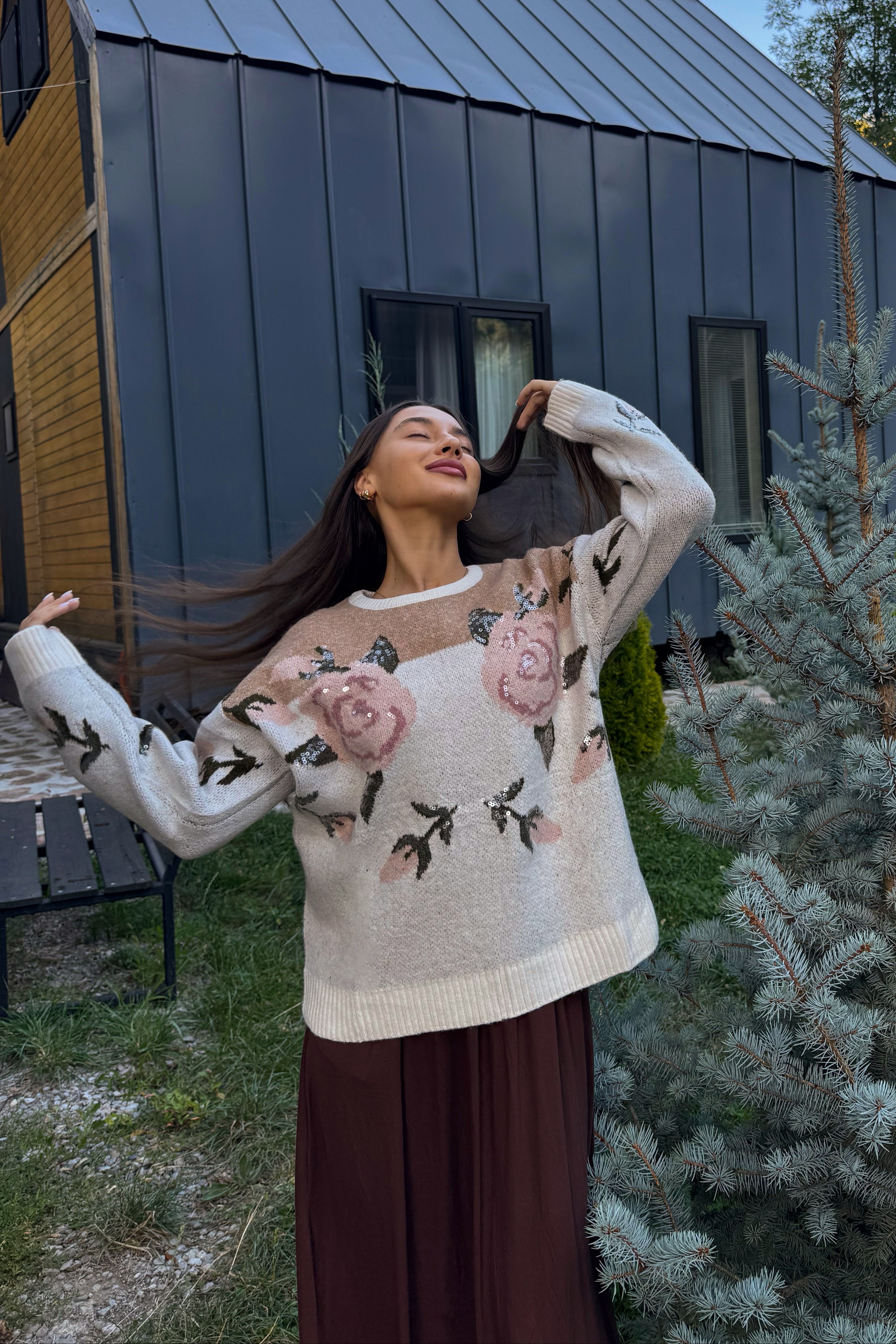 Luxuii Floral Oversized Crewneck Chunky Knit Pullover Sweater Tops