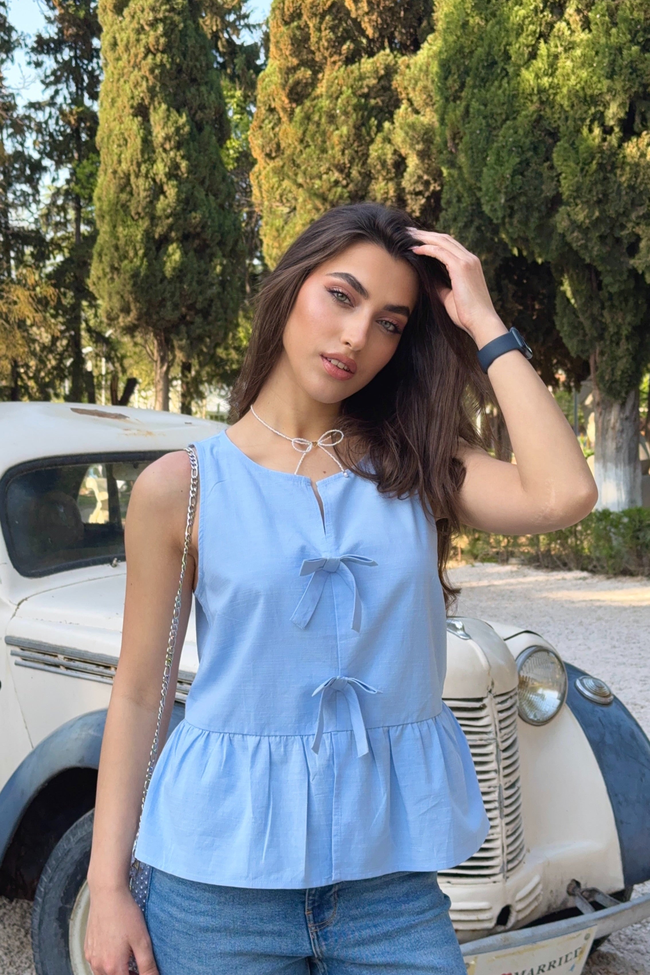 Luxuii Tank Tops Tie Front Ruffle Peplum Babydoll Blouses