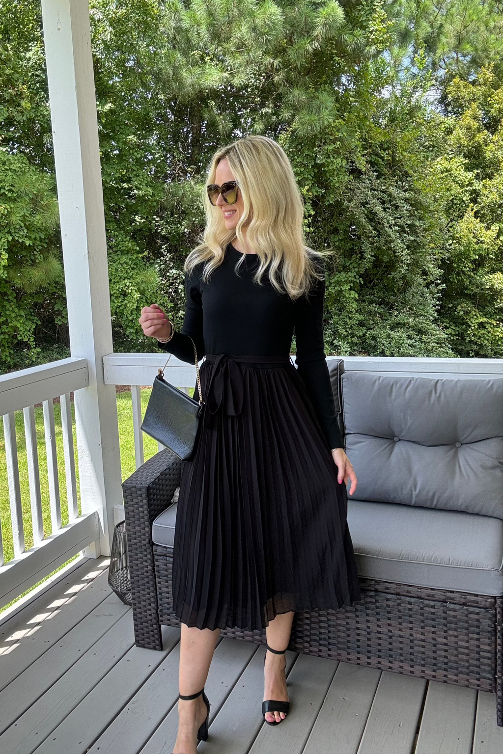 Luxuii Casual Crewneck Knit Belted Pleated A Line Flowy Sweater Dresses
