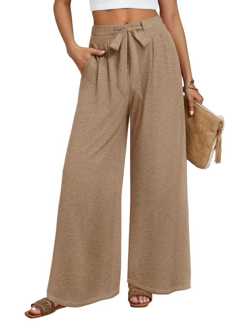 Luxuii Womens Fall Knit Leg Pants High Waist Adjustable Knot Loose Flowy Trousers