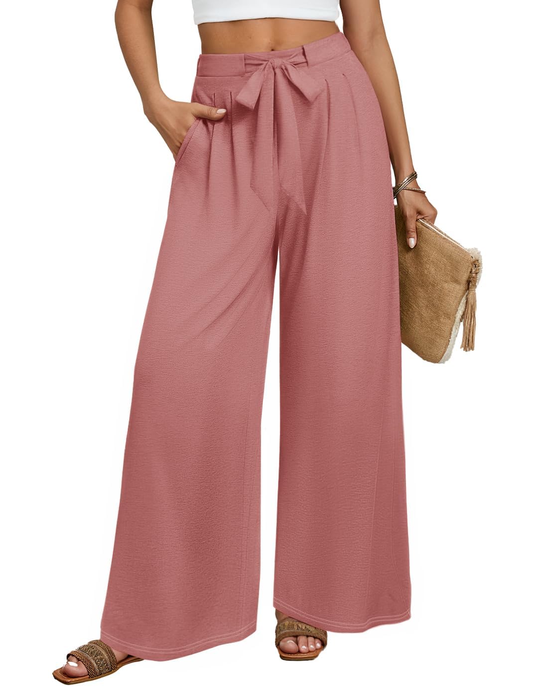 Luxuii Womens Fall Knit Leg Pants High Waist Adjustable Knot Loose Flowy Trousers