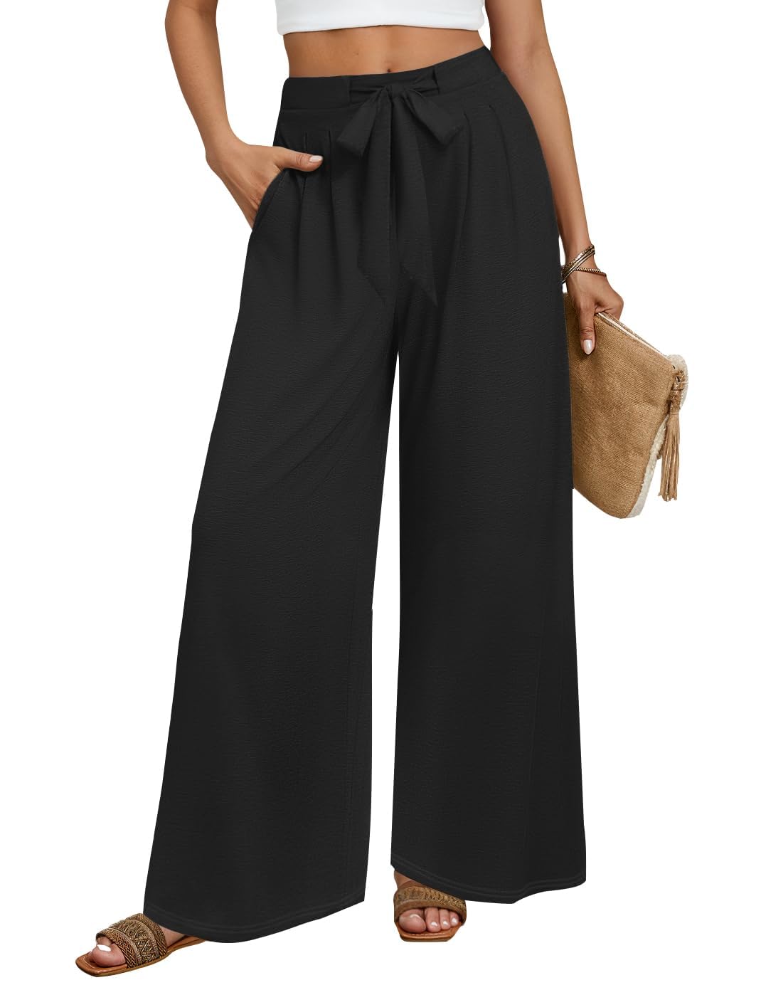 Luxuii Womens Fall Knit Leg Pants High Waist Adjustable Knot Loose Flowy Trousers