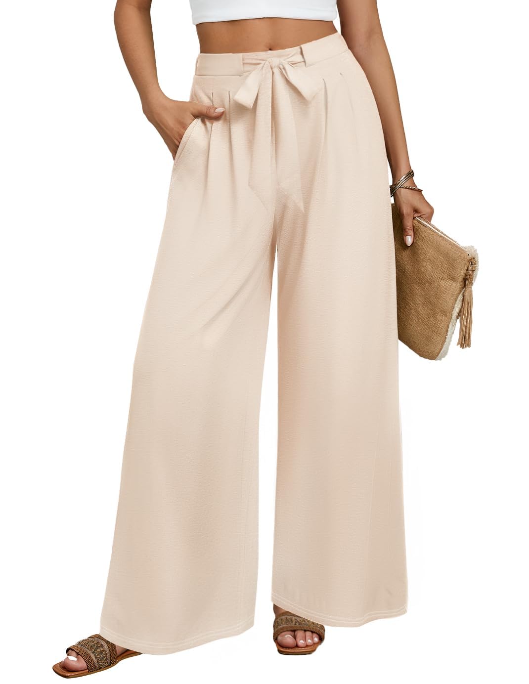 Luxuii Womens Fall Knit Leg Pants High Waist Adjustable Knot Loose Flowy Trousers