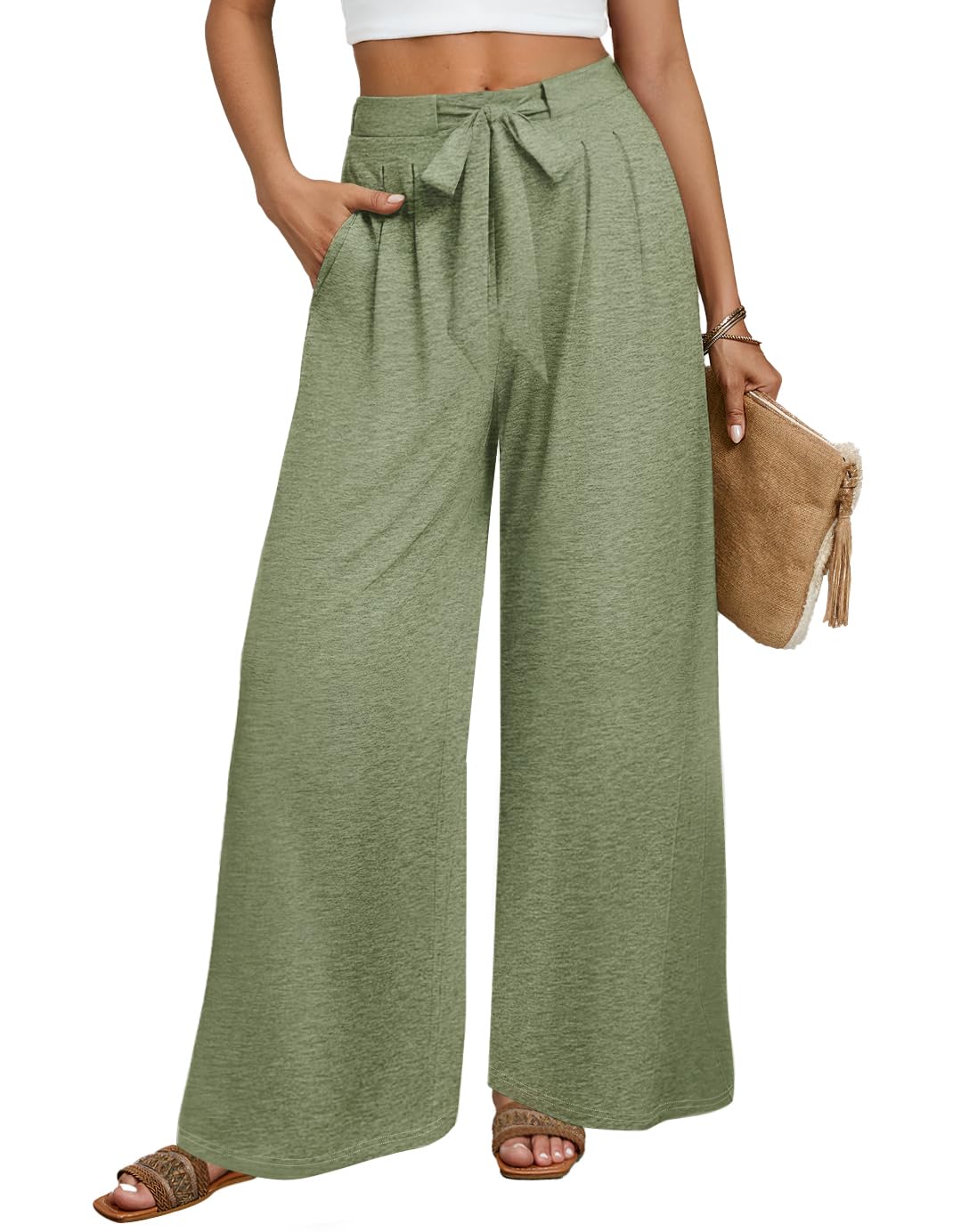 Luxuii Womens Fall Knit Leg Pants High Waist Adjustable Knot Loose Flowy Trousers