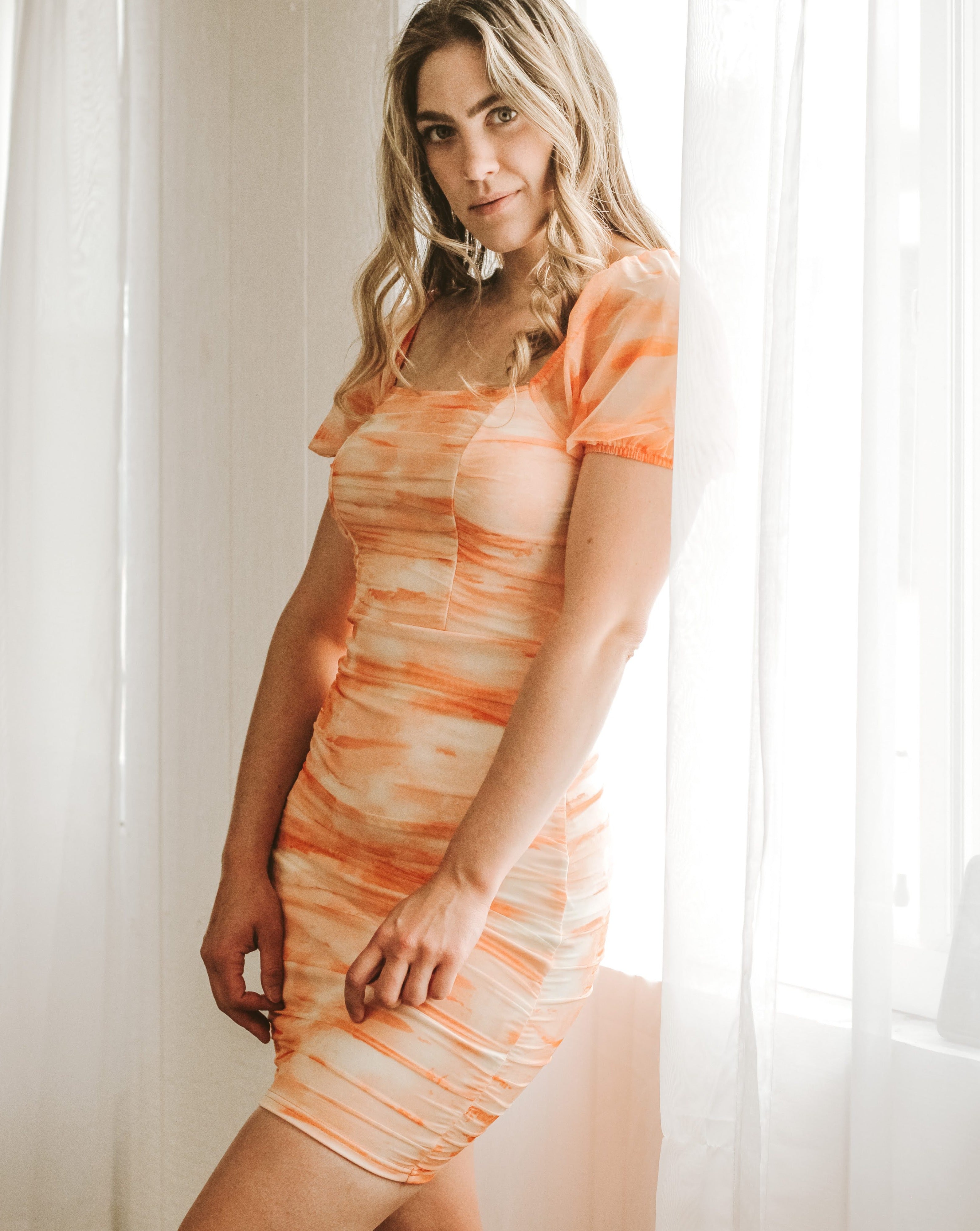 Luxuii Puff Sleeve Tie Dye Ruched Bodycon Mini Dress