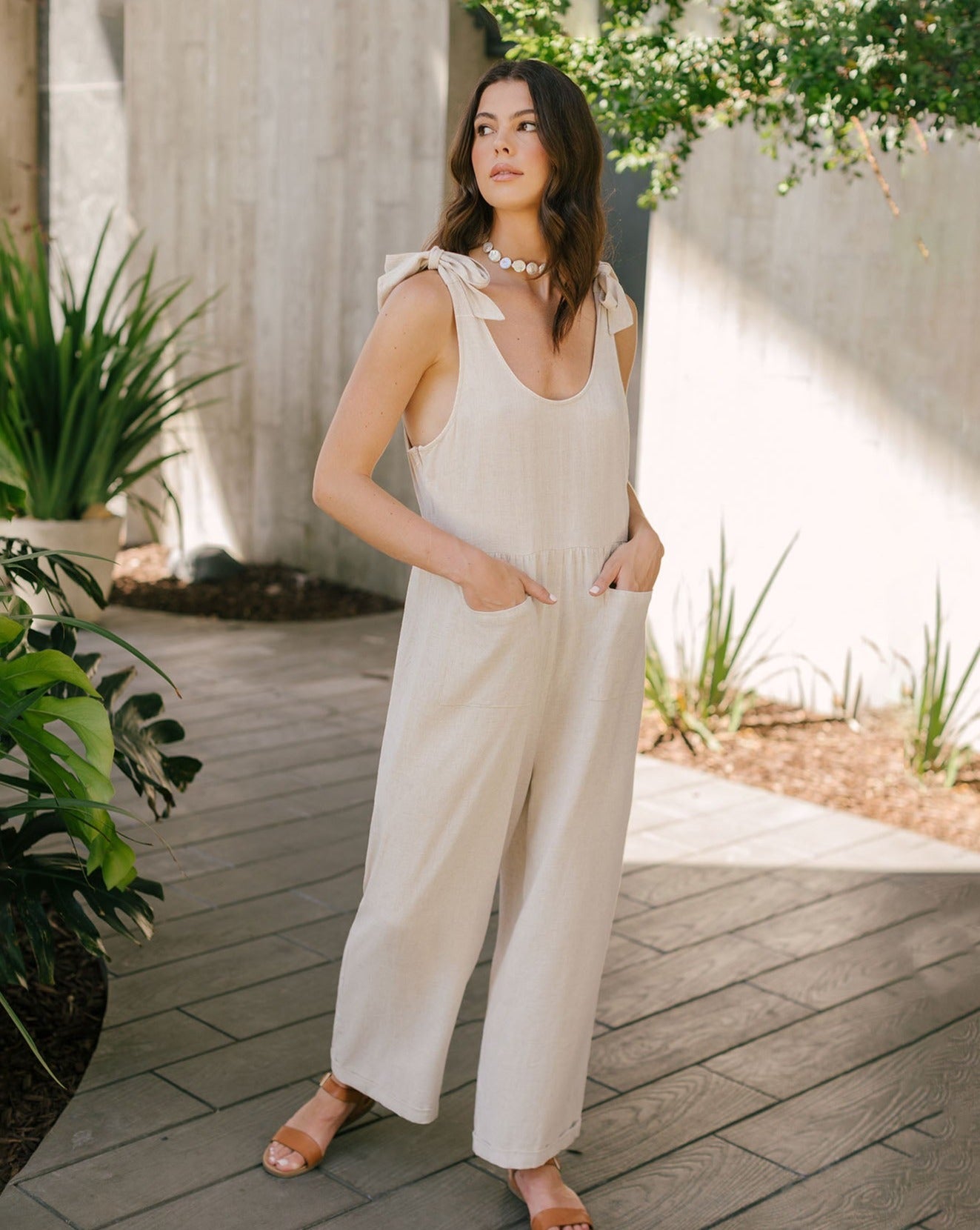 Luxuii Adjustable Straps Sleeveless Wide Leg Oversized Linen Jumpsuit