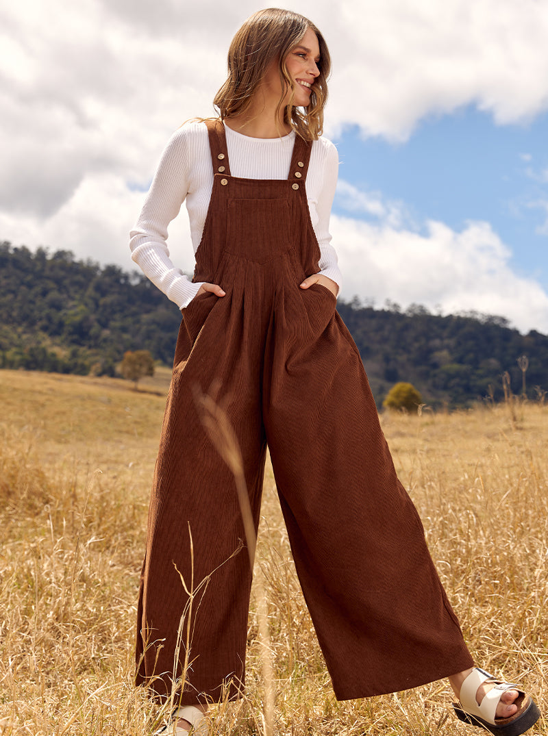Luxuii Adjustable Straps Wide Leg Corduroy Loose Jumpsuit