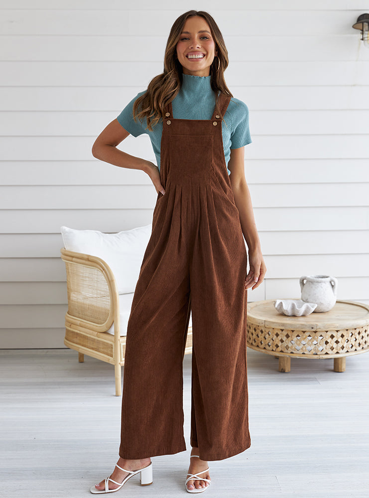 Luxuii Adjustable Straps Wide Leg Corduroy Loose Jumpsuit