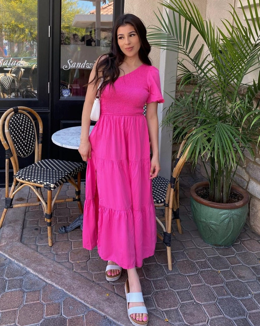 Luxuii Boho One Shoulder Smocked Swing Midi Dress