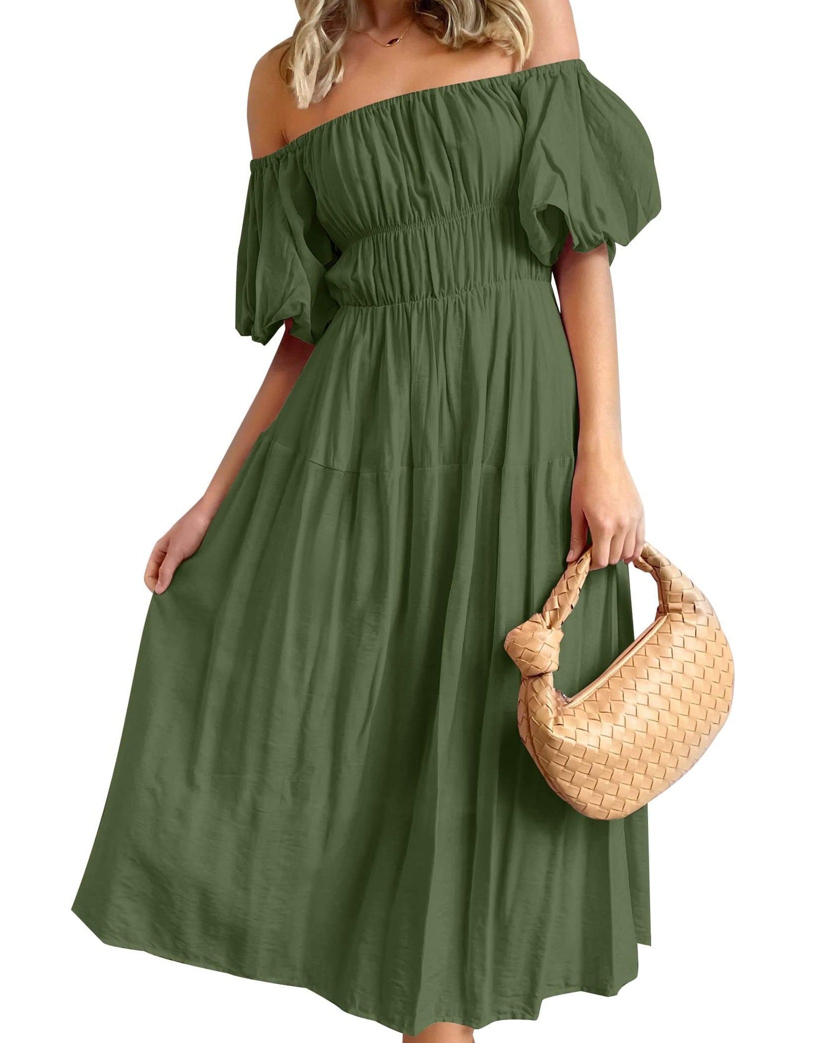 Luxuii Boho Off Shoulder Ruffled Flowy Midi Dress