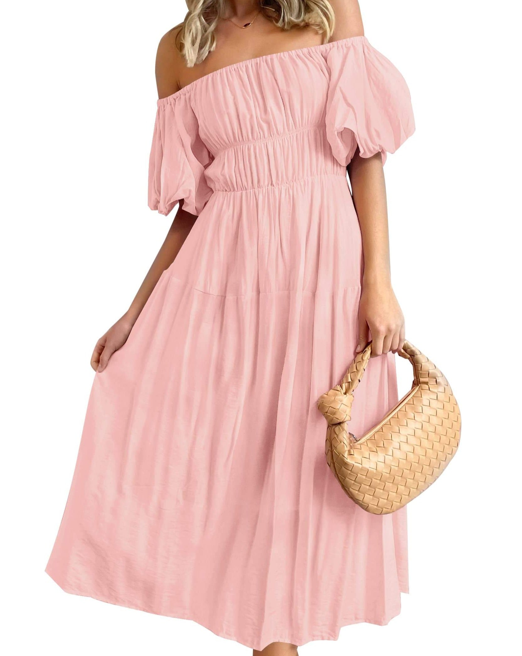Luxuii Boho Off Shoulder Ruffled Flowy Midi Dress