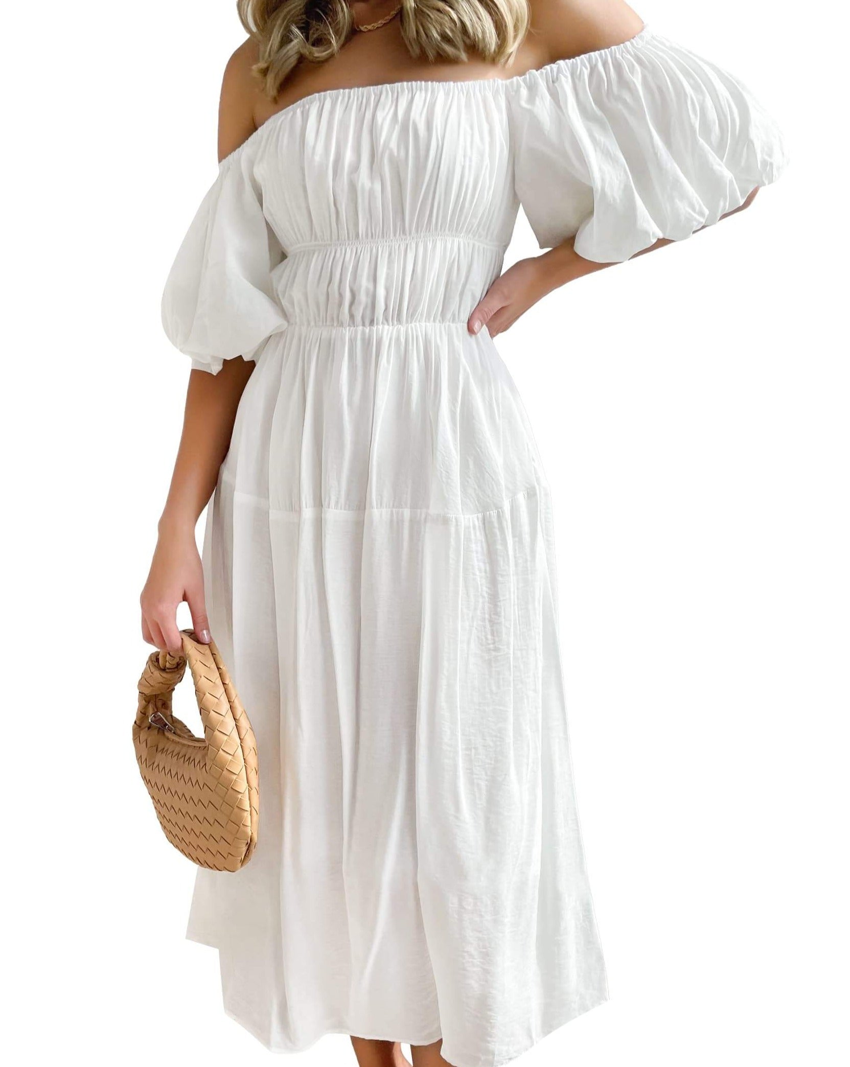 Luxuii Boho Off Shoulder Ruffled Flowy Midi Dress