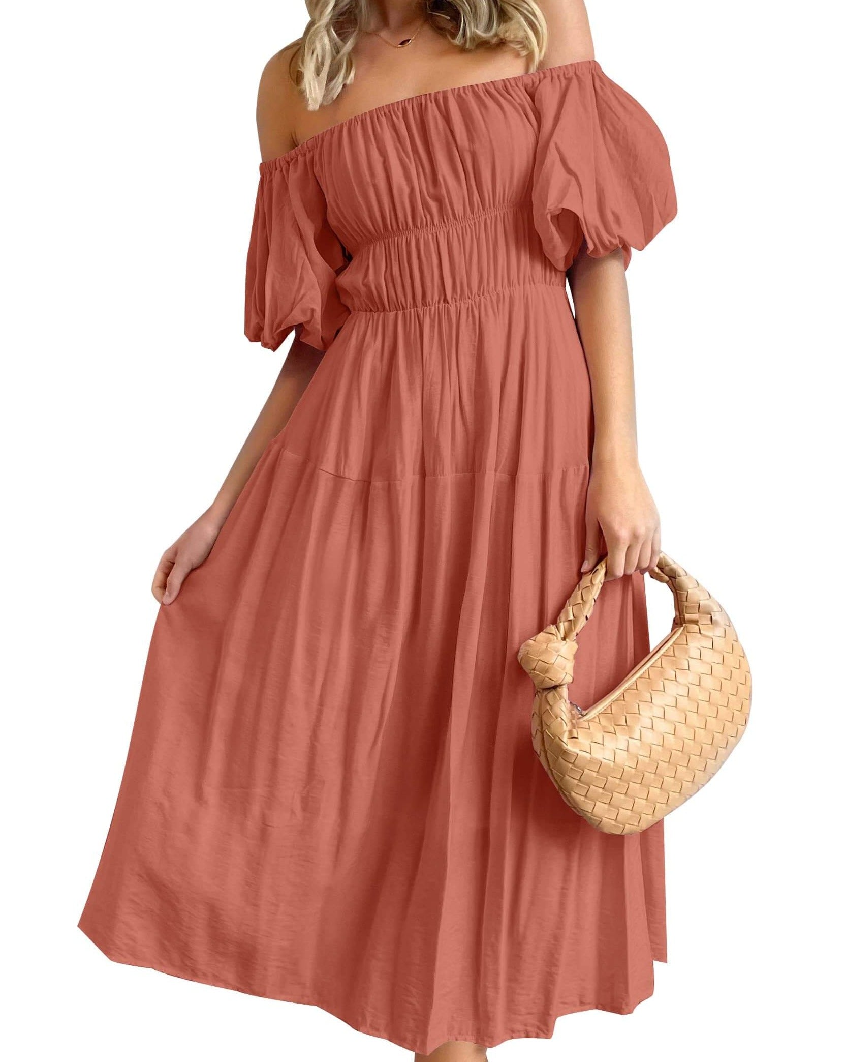 Luxuii Boho Off Shoulder Ruffled Flowy Midi Dress