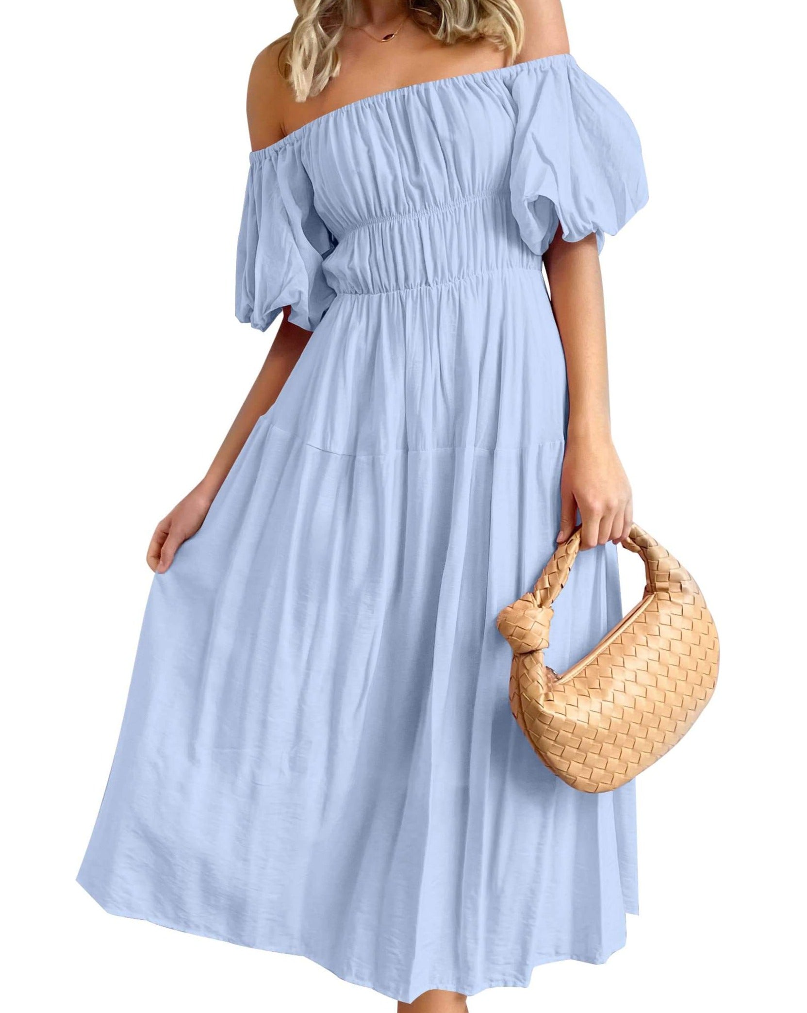 Luxuii Boho Off Shoulder Ruffled Flowy Midi Dress