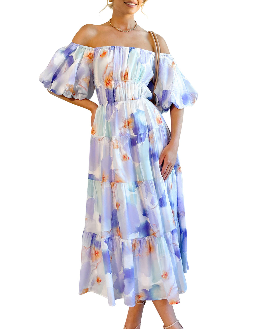 Luxuii Boho Off Shoulder Ruffled Flowy Midi Dress