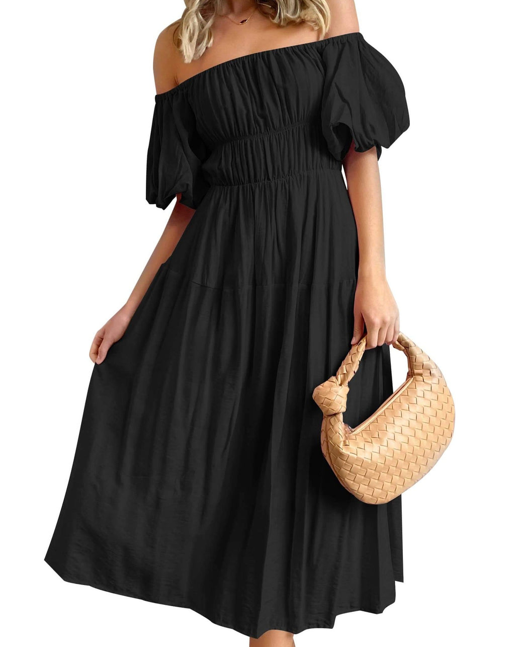 Luxuii Boho Off Shoulder Ruffled Flowy Midi Dress