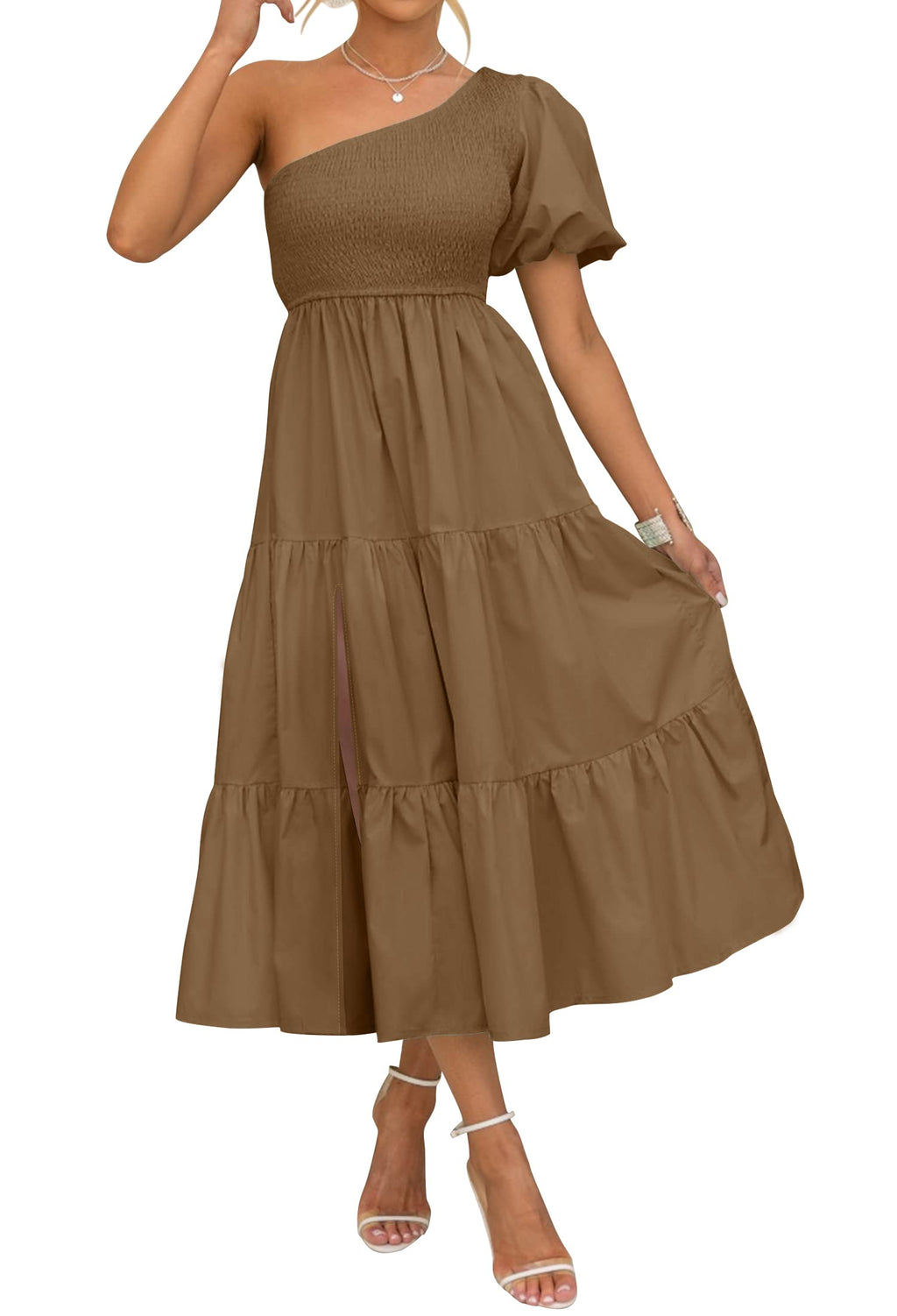 Luxuii Boho One Shoulder Smocked Swing Midi Dress