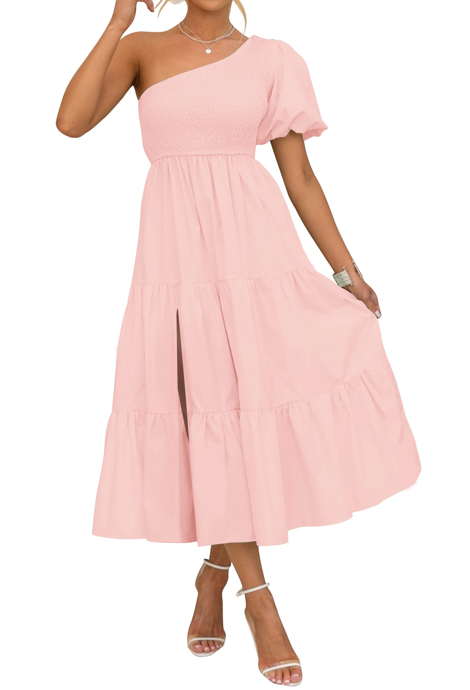 Luxuii Boho One Shoulder Smocked Swing Midi Dress