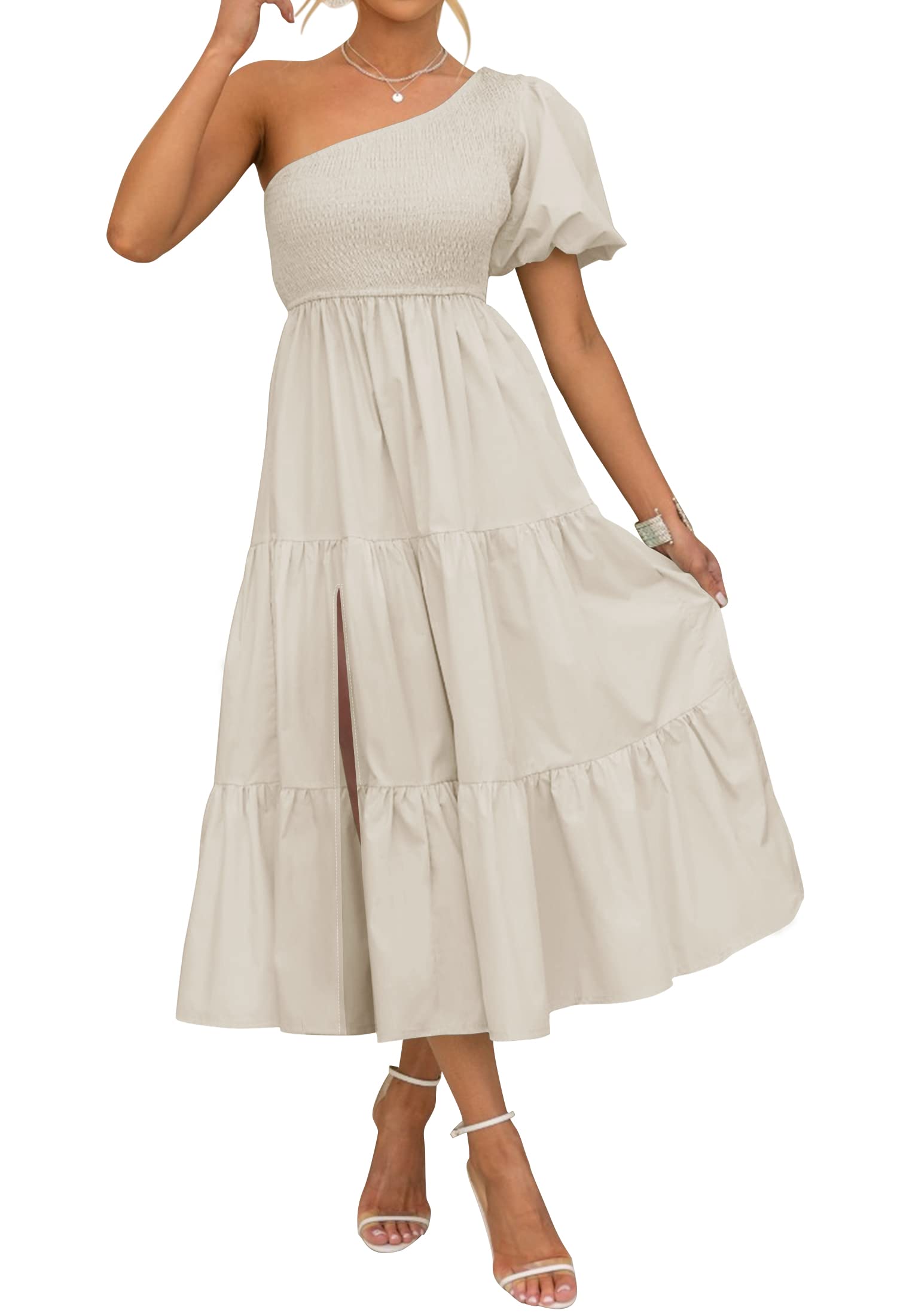 Luxuii Boho One Shoulder Smocked Swing Midi Dress