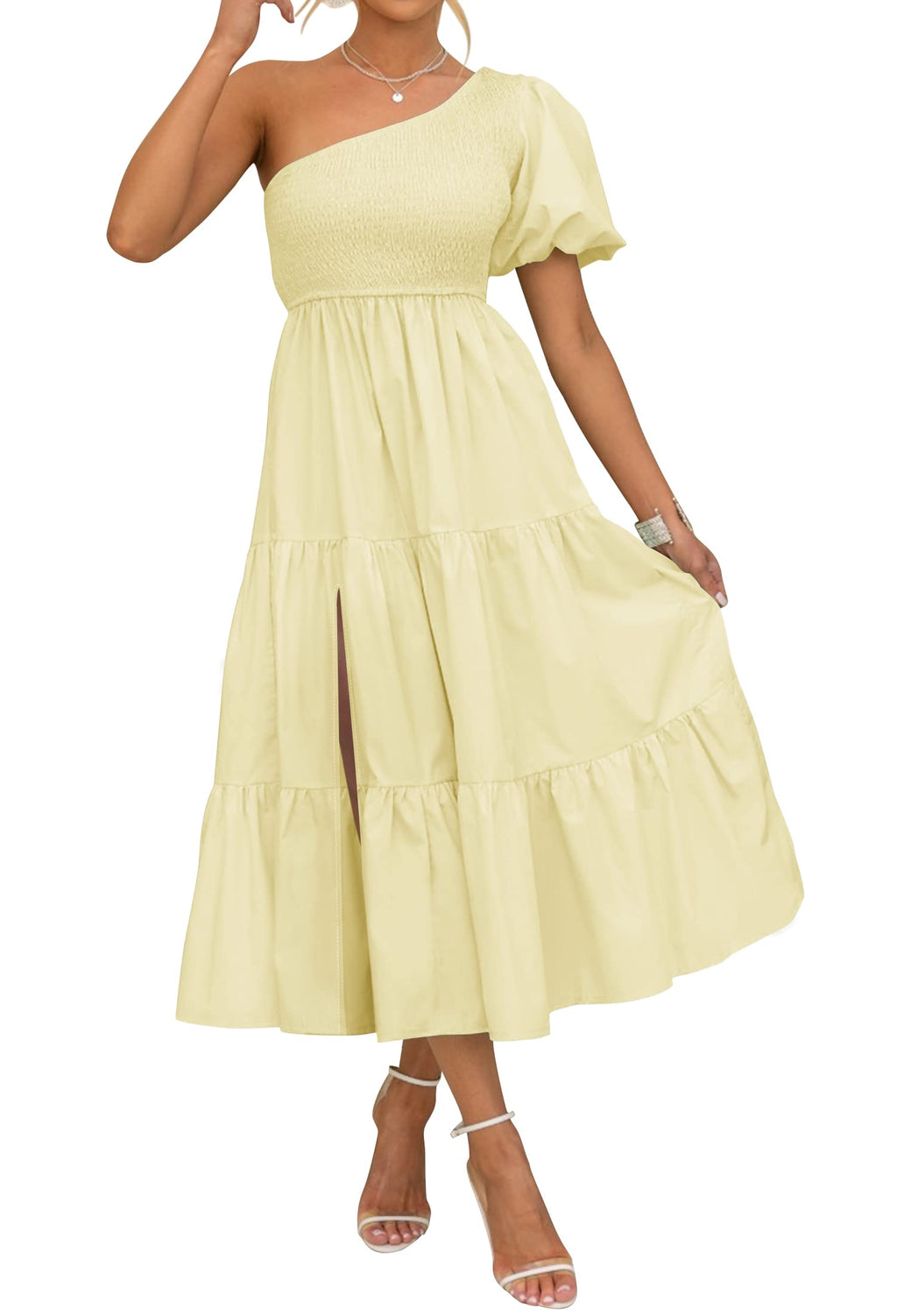 Luxuii Boho One Shoulder Smocked Swing Midi Dress
