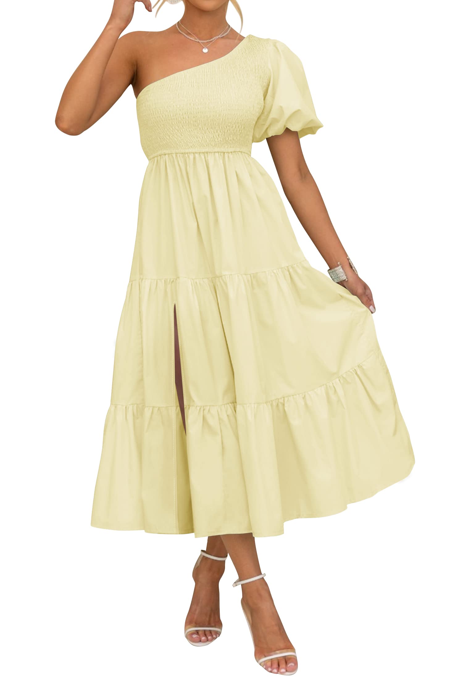 Luxuii Boho One Shoulder Smocked Swing Midi Dress