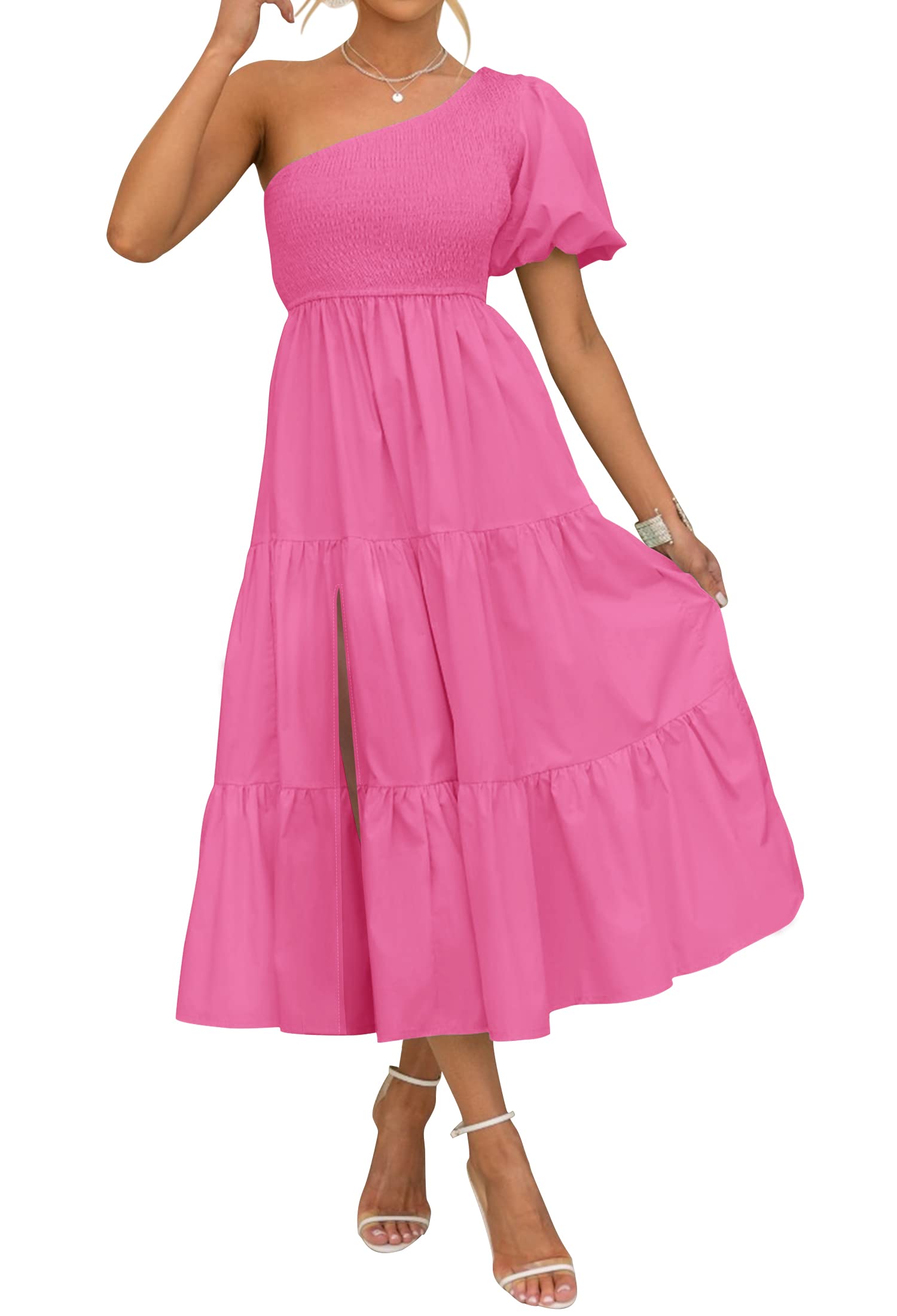 Luxuii Boho One Shoulder Smocked Swing Midi Dress