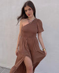 Luxuii Boho One Shoulder Smocked Swing Midi Dress