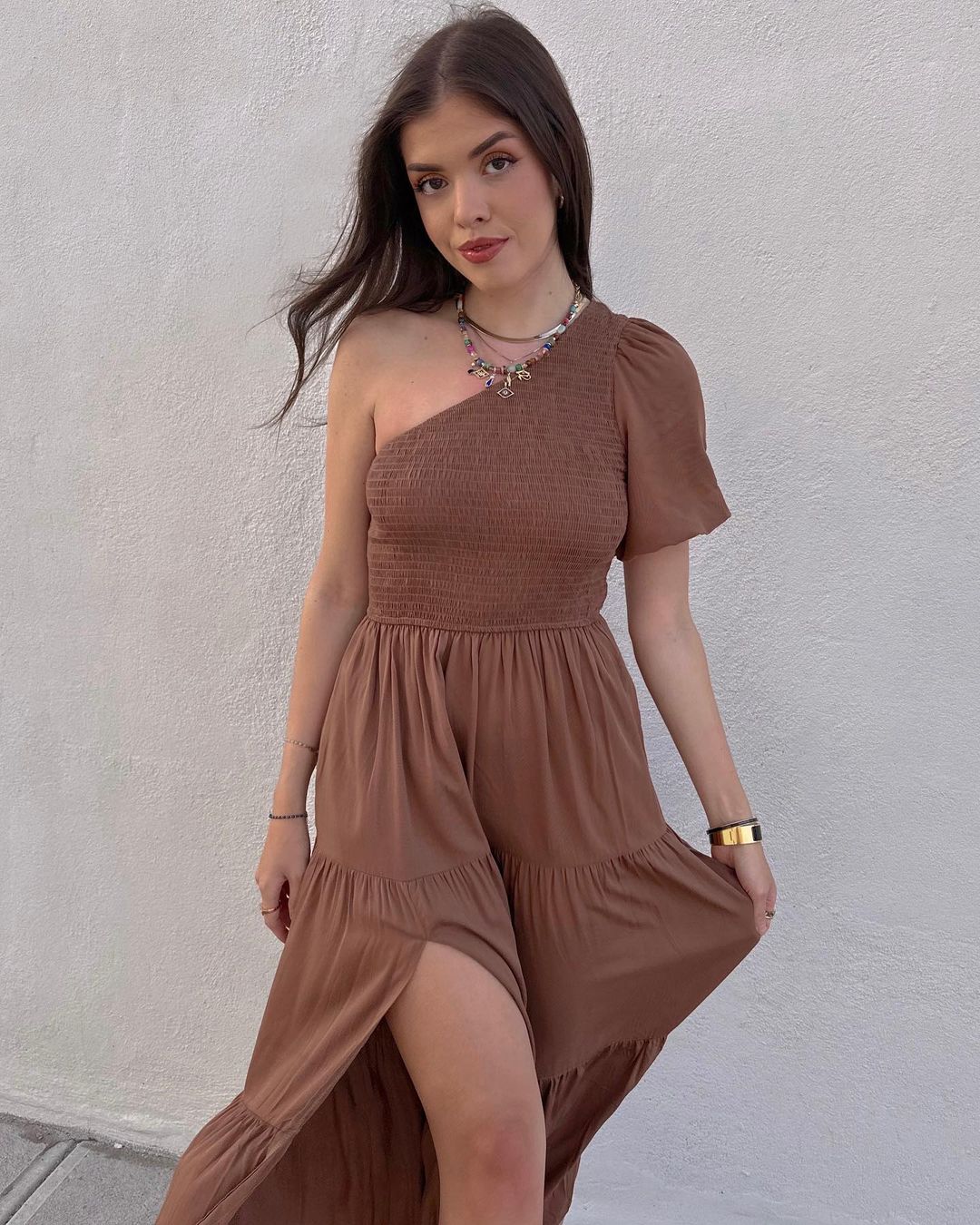 Luxuii Boho One Shoulder Smocked Swing Midi Dress