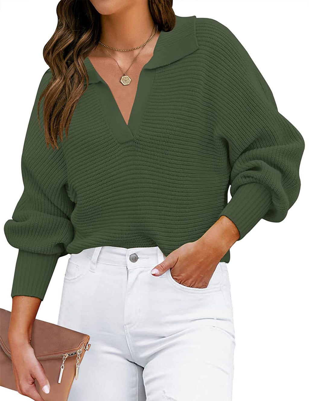 Luxuii Collar V Neck Long Sleeve Ribbed Knit Sweater