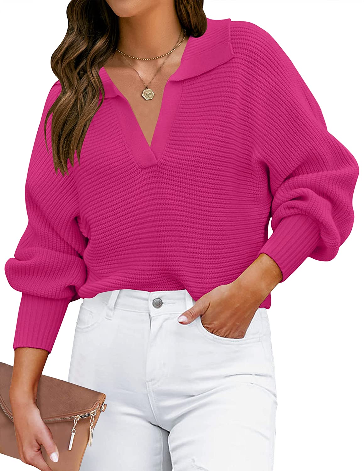 Luxuii Collar V Neck Long Sleeve Ribbed Knit Sweater