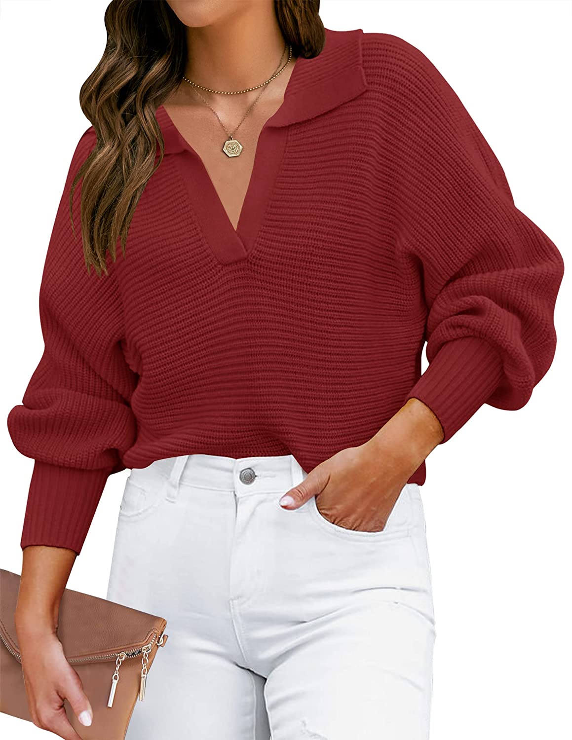 Luxuii Collar V Neck Long Sleeve Ribbed Knit Sweater