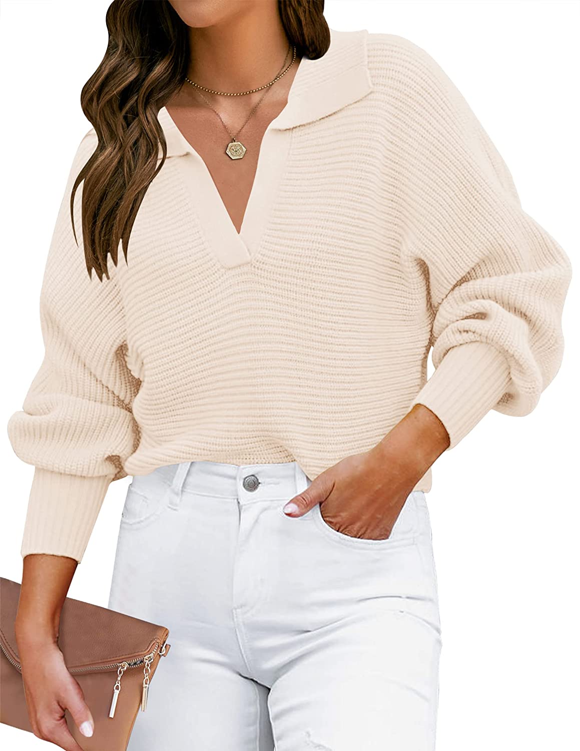 Luxuii Collar V Neck Long Sleeve Ribbed Knit Sweater