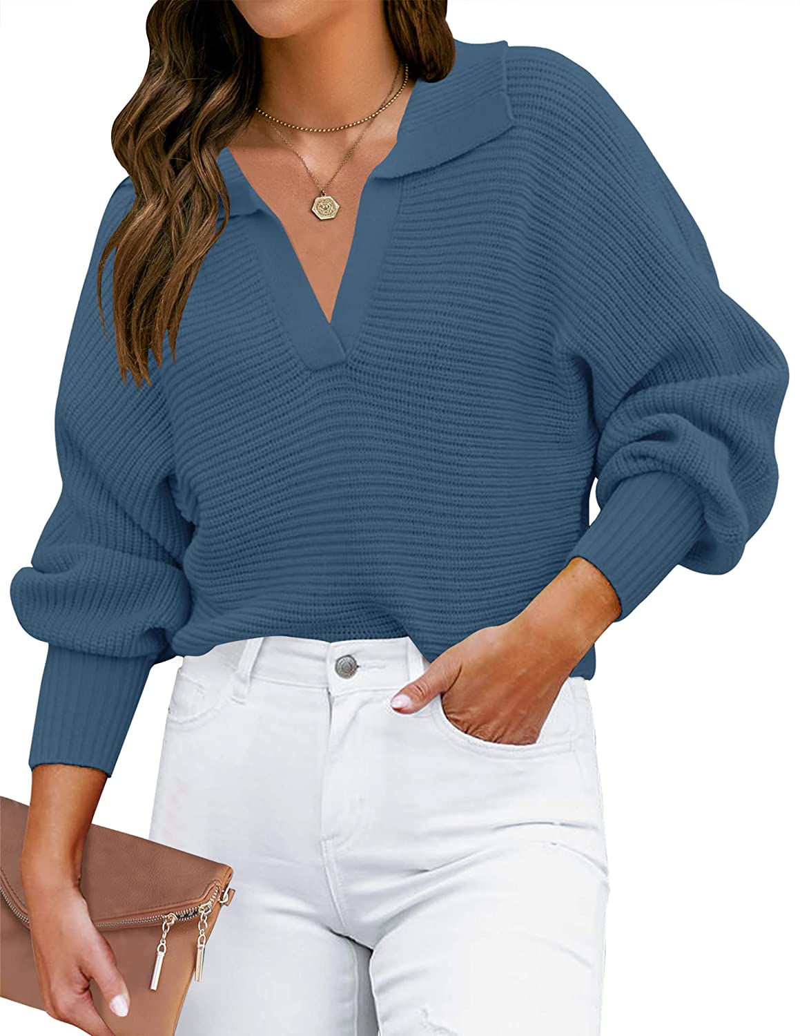 Luxuii Collar V Neck Long Sleeve Ribbed Knit Sweater