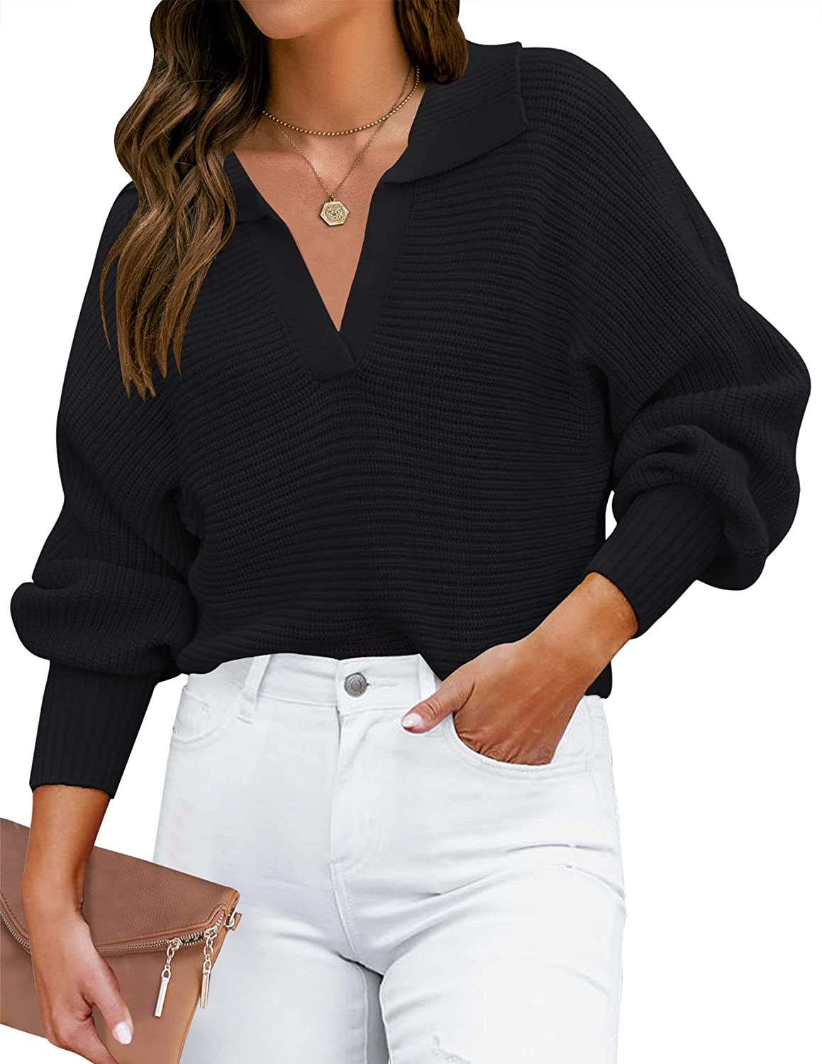 Luxuii Collar V Neck Long Sleeve Ribbed Knit Sweater